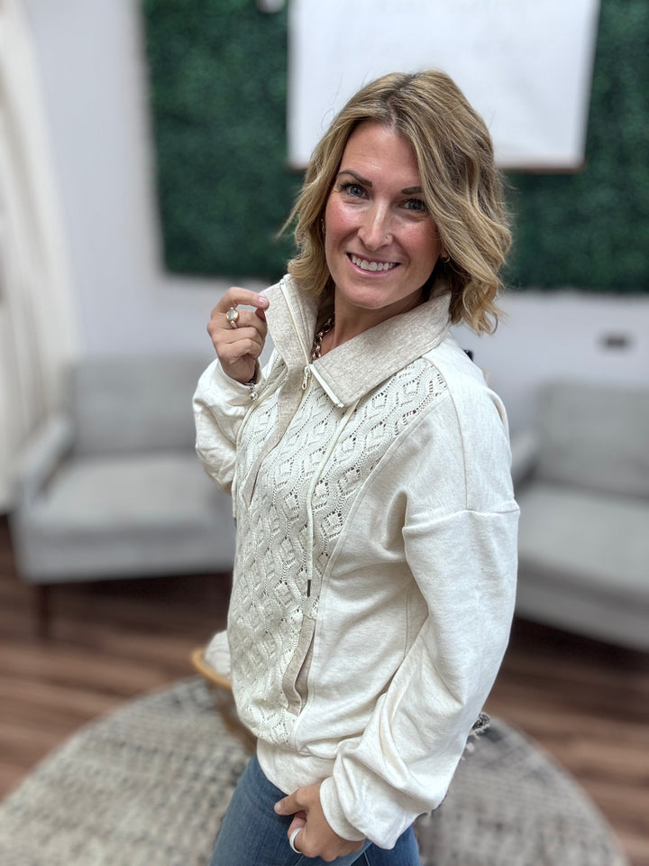 Crochet Mixed Fleece Quarter Zip Up Pullover