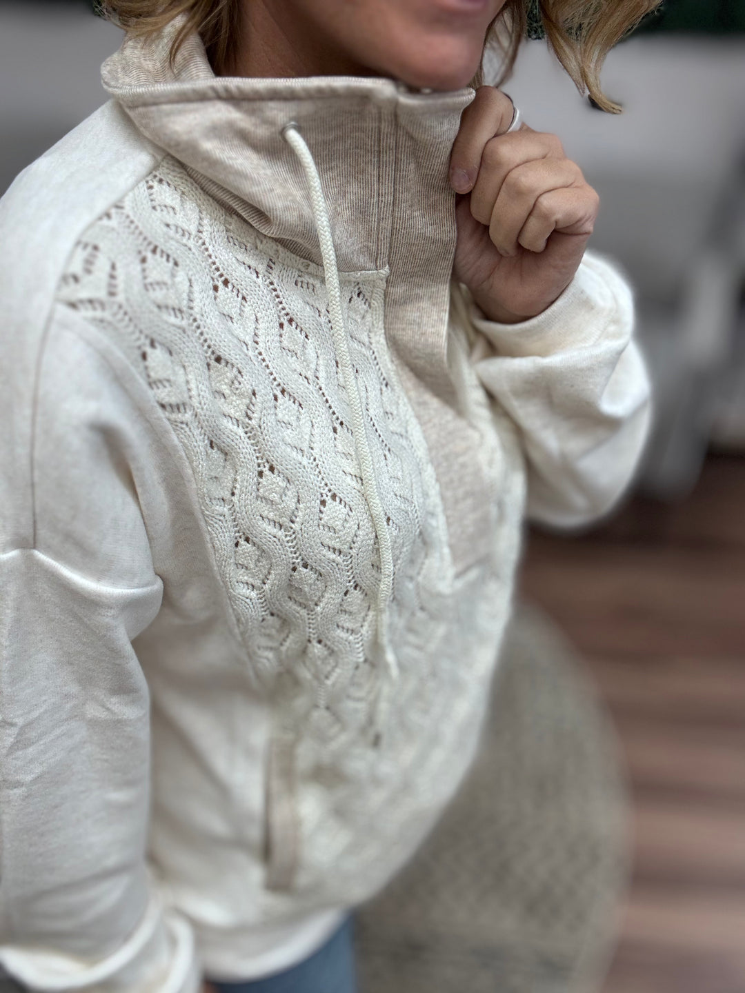 Crochet Mixed Fleece Quarter Zip Up Pullover
