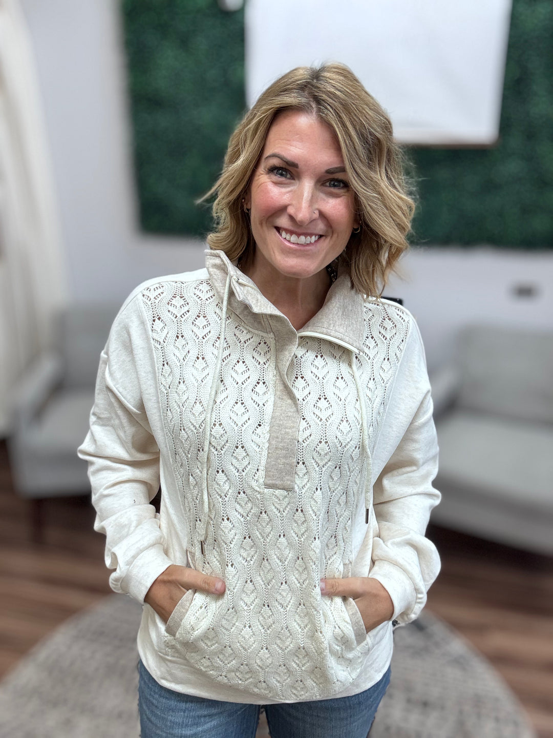 Crochet Mixed Fleece Quarter Zip Up Pullover