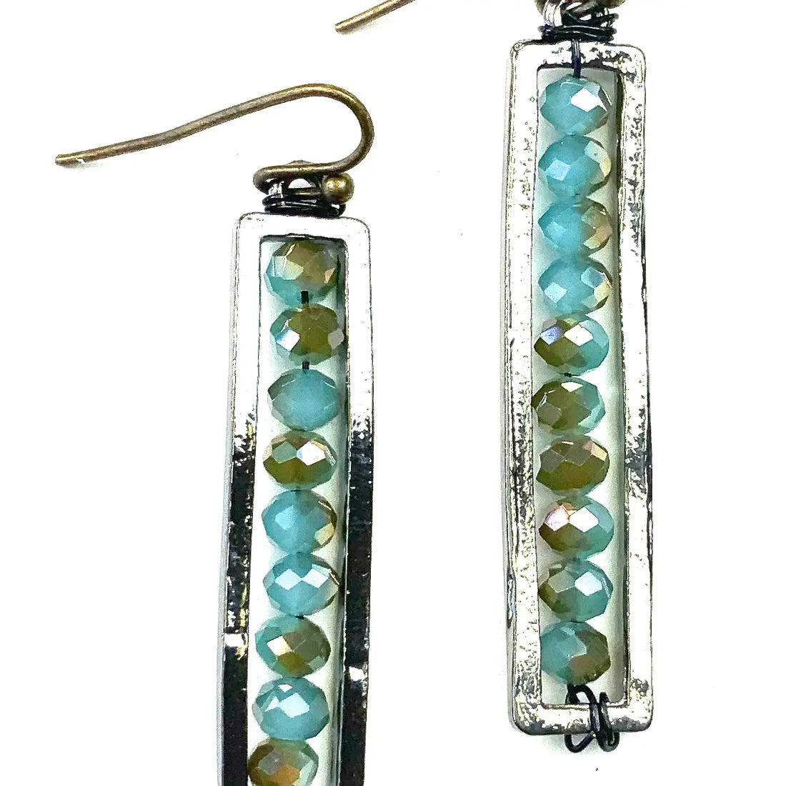 Thin Beaded Rectangular Turquoise Dangle Earrings