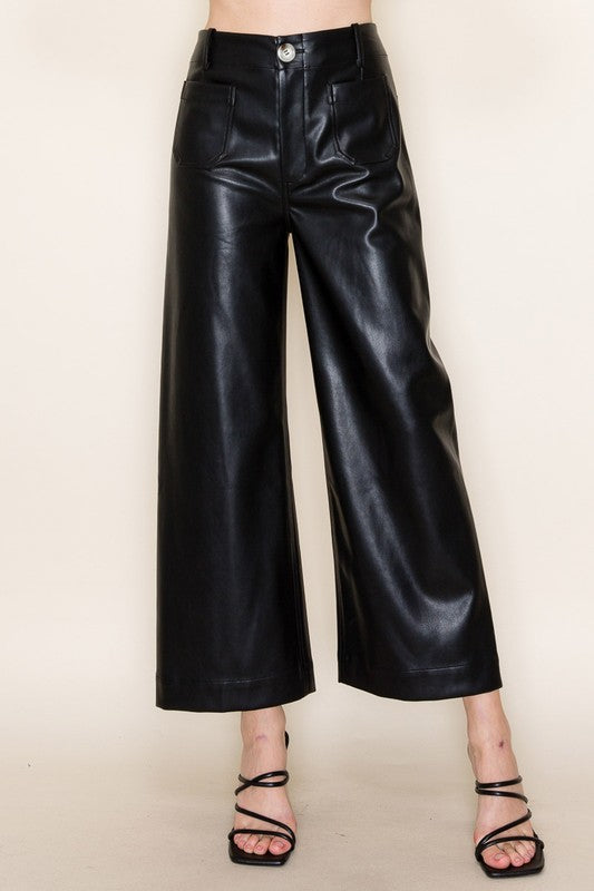 Cropped Faux Leather Pants - Black