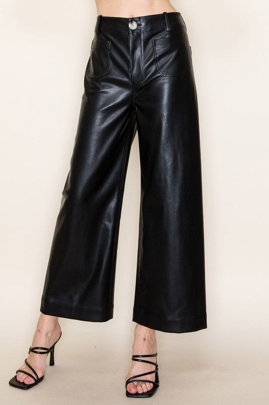 Cropped Faux Leather Pants - Black