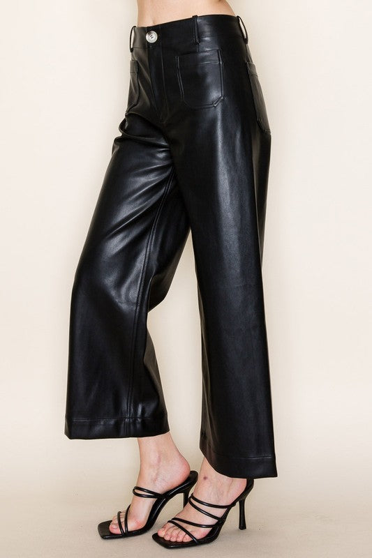 Cropped Faux Leather Pants - Black