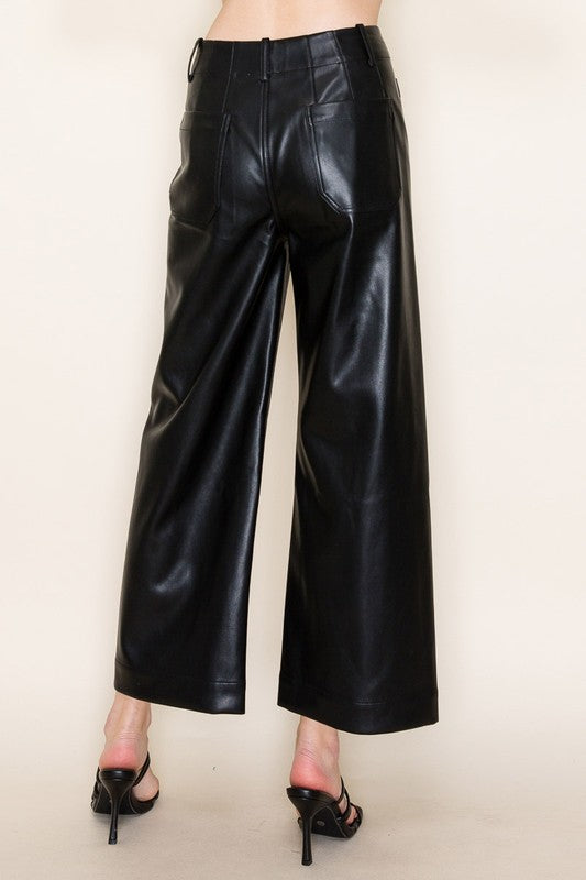 Cropped Faux Leather Pants - Black