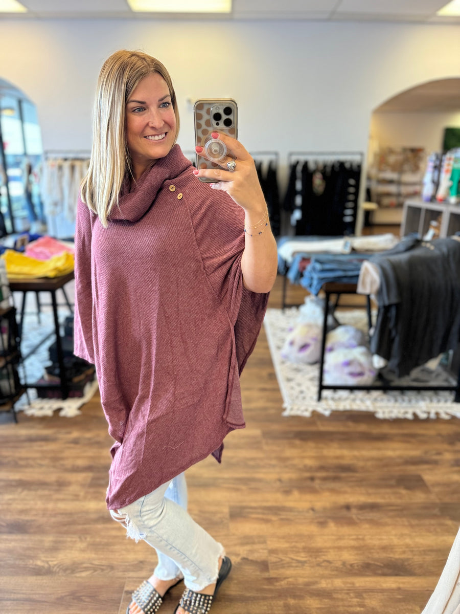 Madi - Asymmetrical Cowl Neck Poncho - Wine