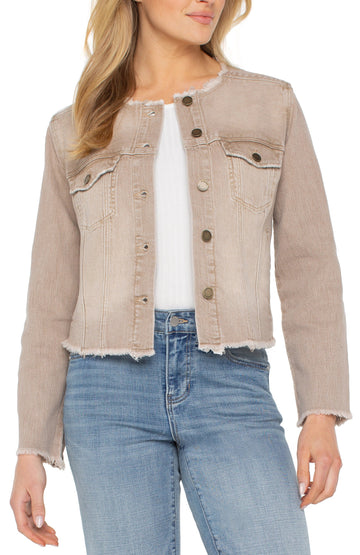 Liverpool Collarless Jean Jacket with Fray Hem