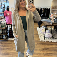 Open Front Longline Cardigan with Hoodie - Taupe