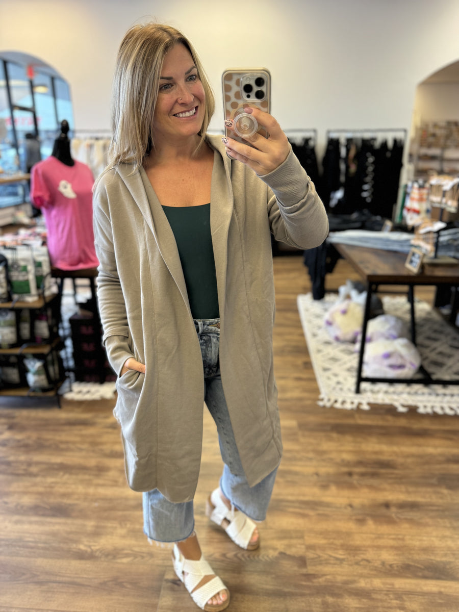 Open Front Longline Cardigan with Hoodie - Taupe