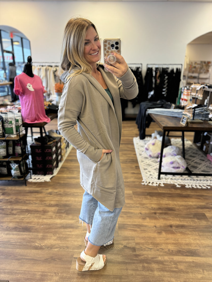 Open Front Longline Cardigan with Hoodie - Taupe