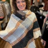 Woven Plaid Poncho with Button Detail