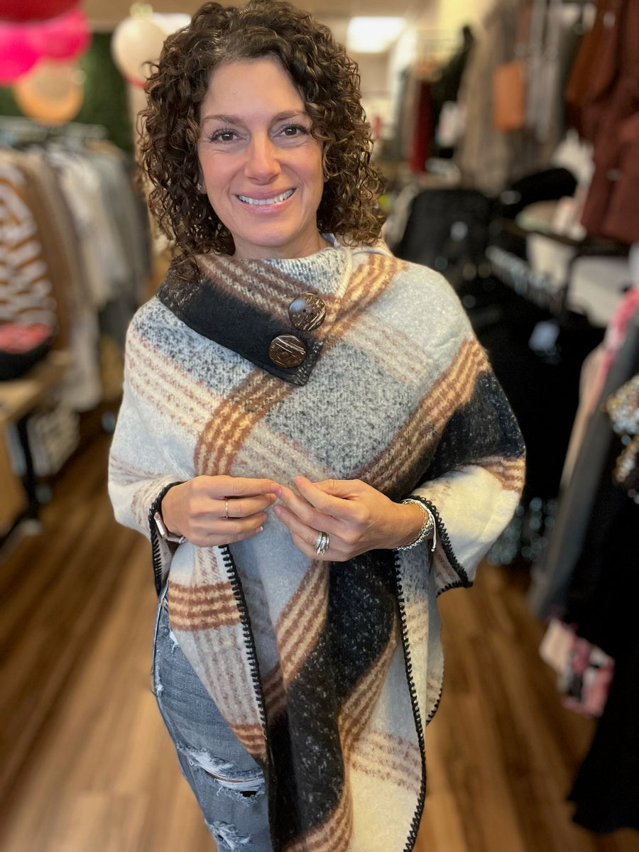 Woven Plaid Poncho with Button Detail