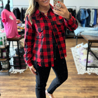 Buffalo Plaid Frayed Hem Shirt - Red