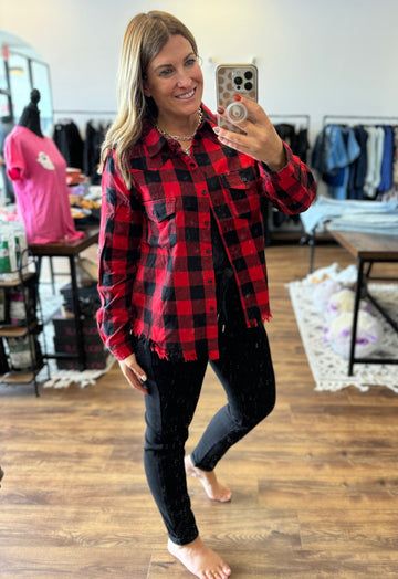 Buffalo Plaid Frayed Hem Shirt - Red