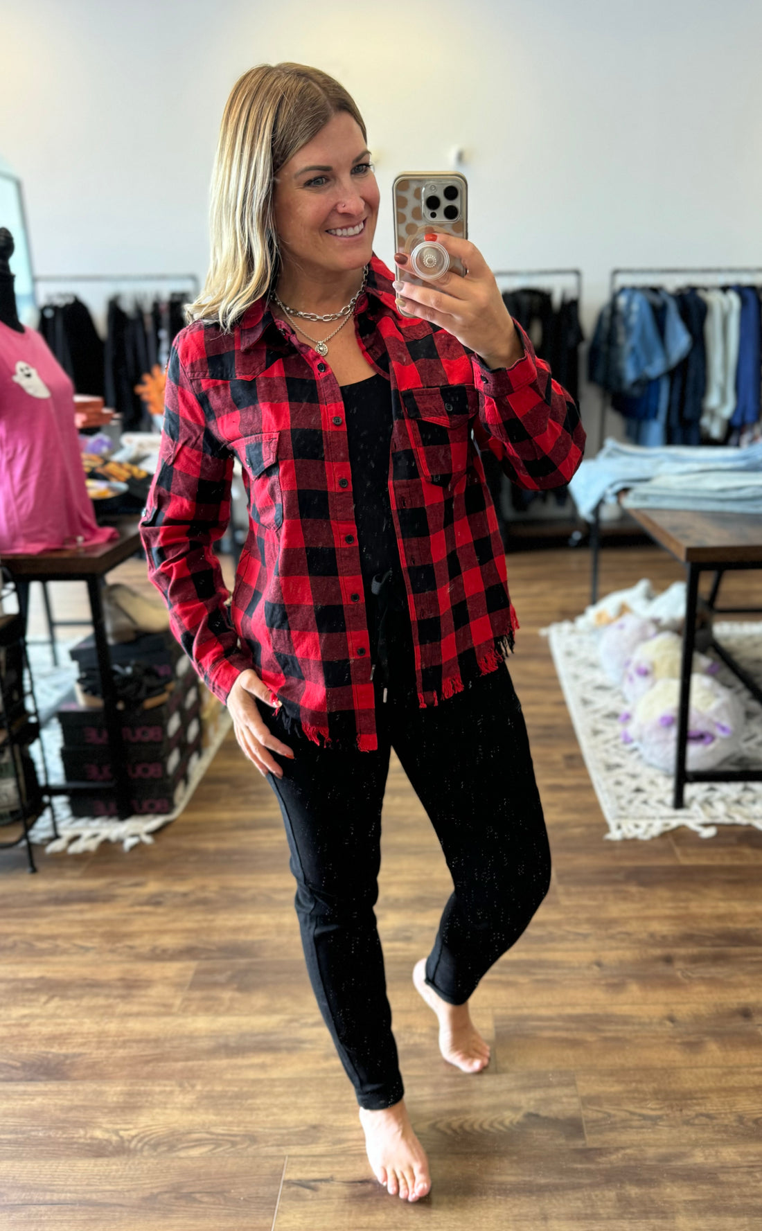 Buffalo Plaid Frayed Hem Shirt - Red