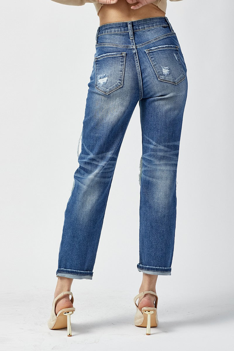Risen - High Rise Patched Distressing Straight Leg