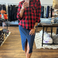 Buffalo Plaid Frayed Hem Shirt - Red