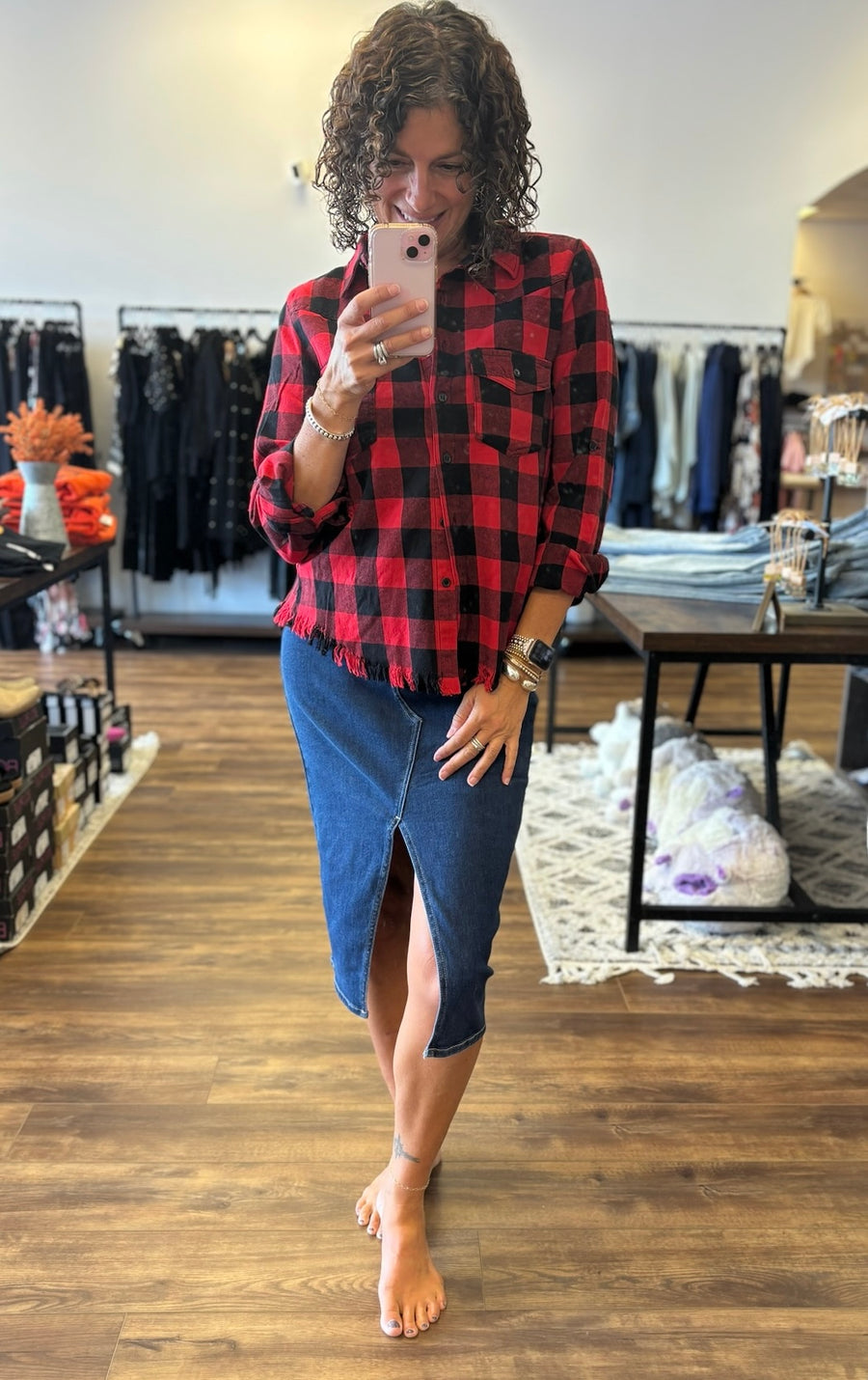 Buffalo Plaid Frayed Hem Shirt - Red