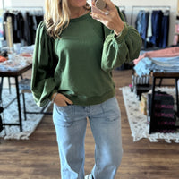 Mel - Balloon Sleeve Washed Sweatshirt - Green