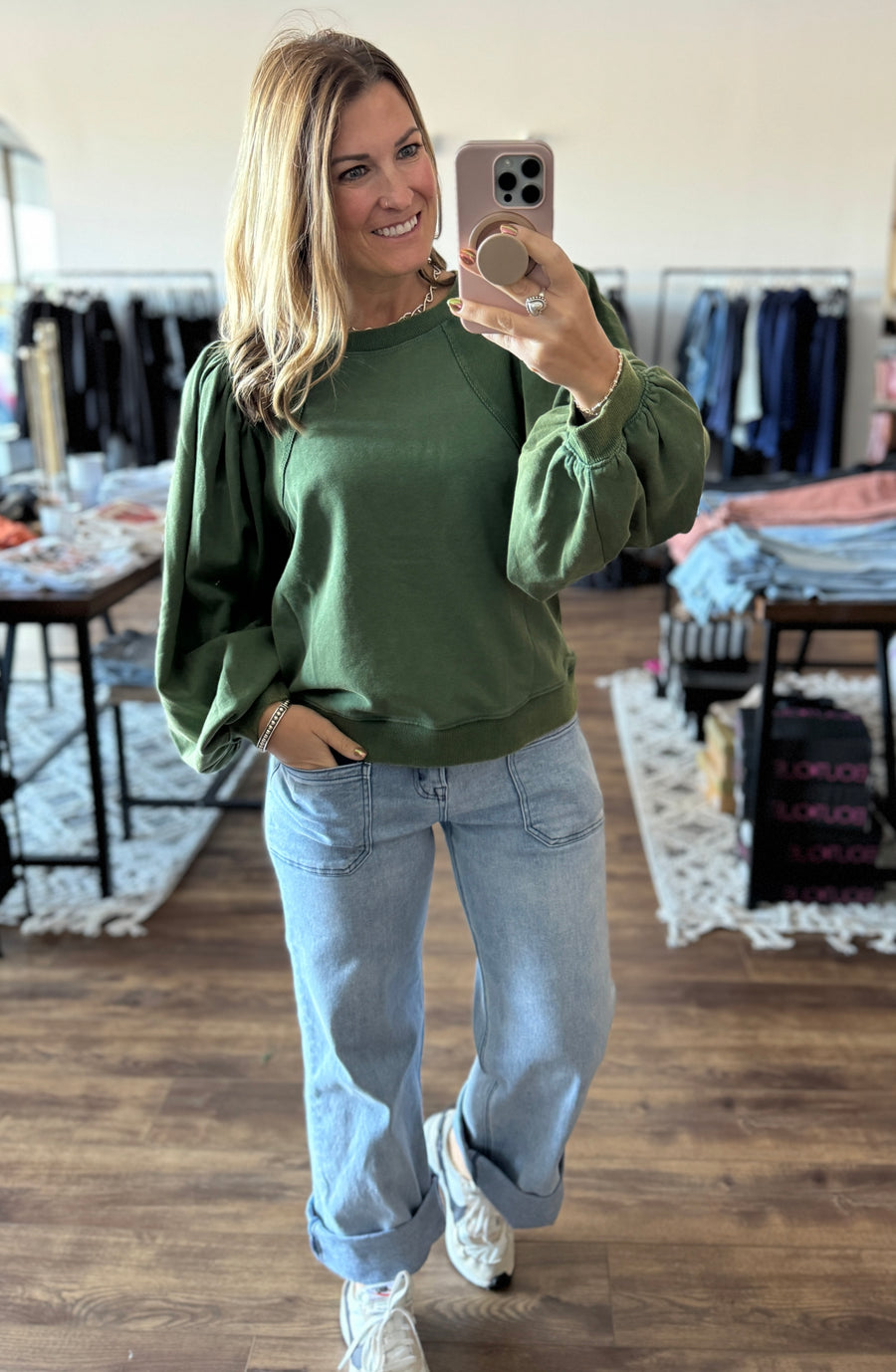 Mel - Balloon Sleeve Washed Sweatshirt - Green