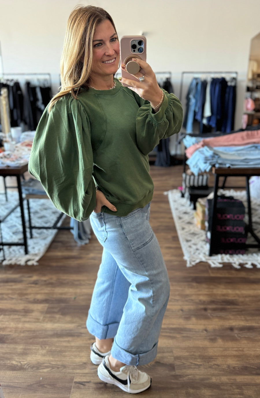 Mel - Balloon Sleeve Washed Sweatshirt - Green