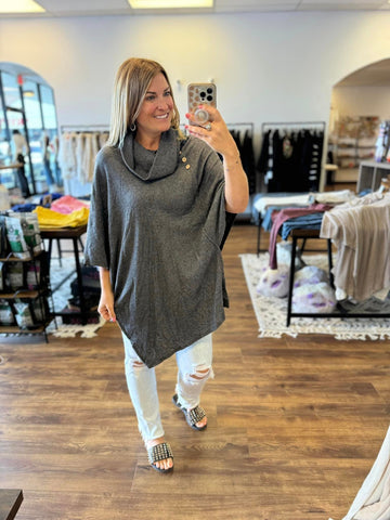 Madi - Asymmetrical Cowl Neck Poncho - Charcoal