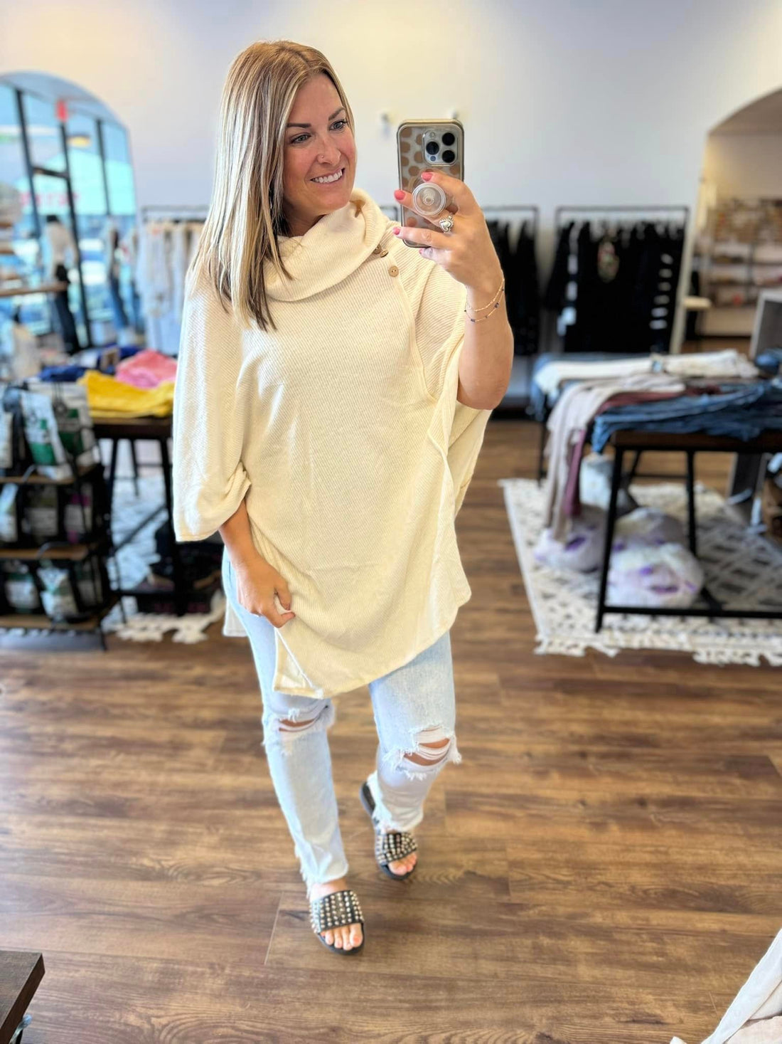 Madi - Asymmetrical Cowl Neck Poncho - Cream