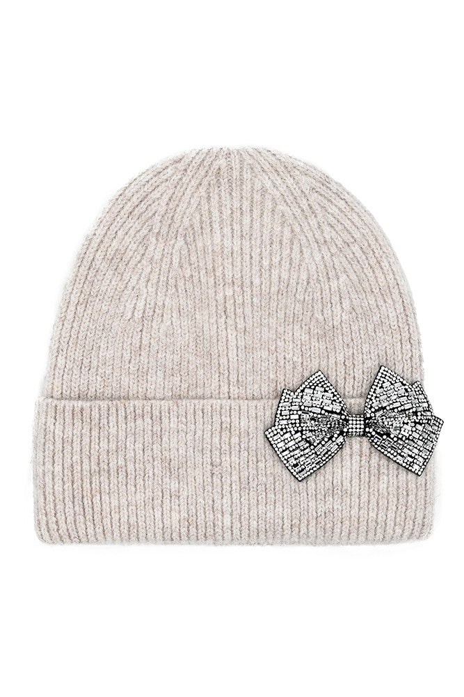 Rhinestone Bow Cuff Beanie