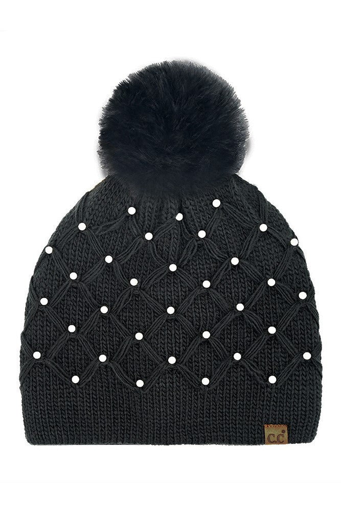 All Over Pearl Crochet Pom Beanie