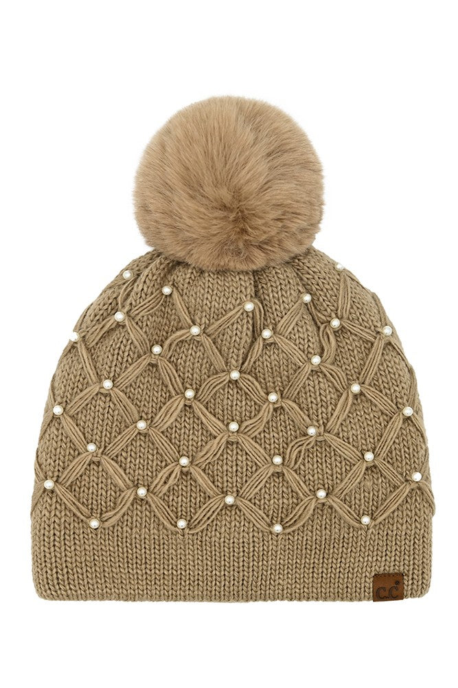 All Over Pearl Crochet Pom Beanie