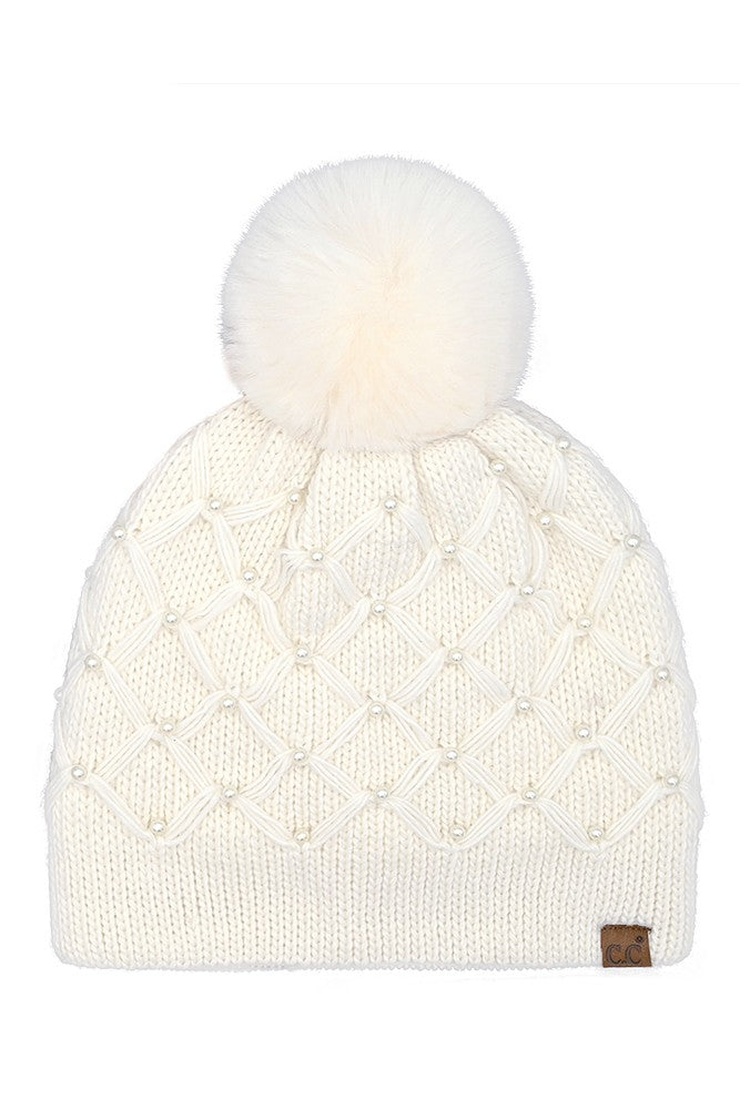 All Over Pearl Crochet Pom Beanie