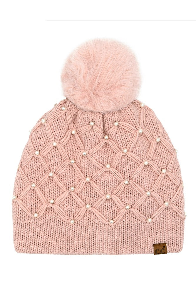 All Over Pearl Crochet Pom Beanie