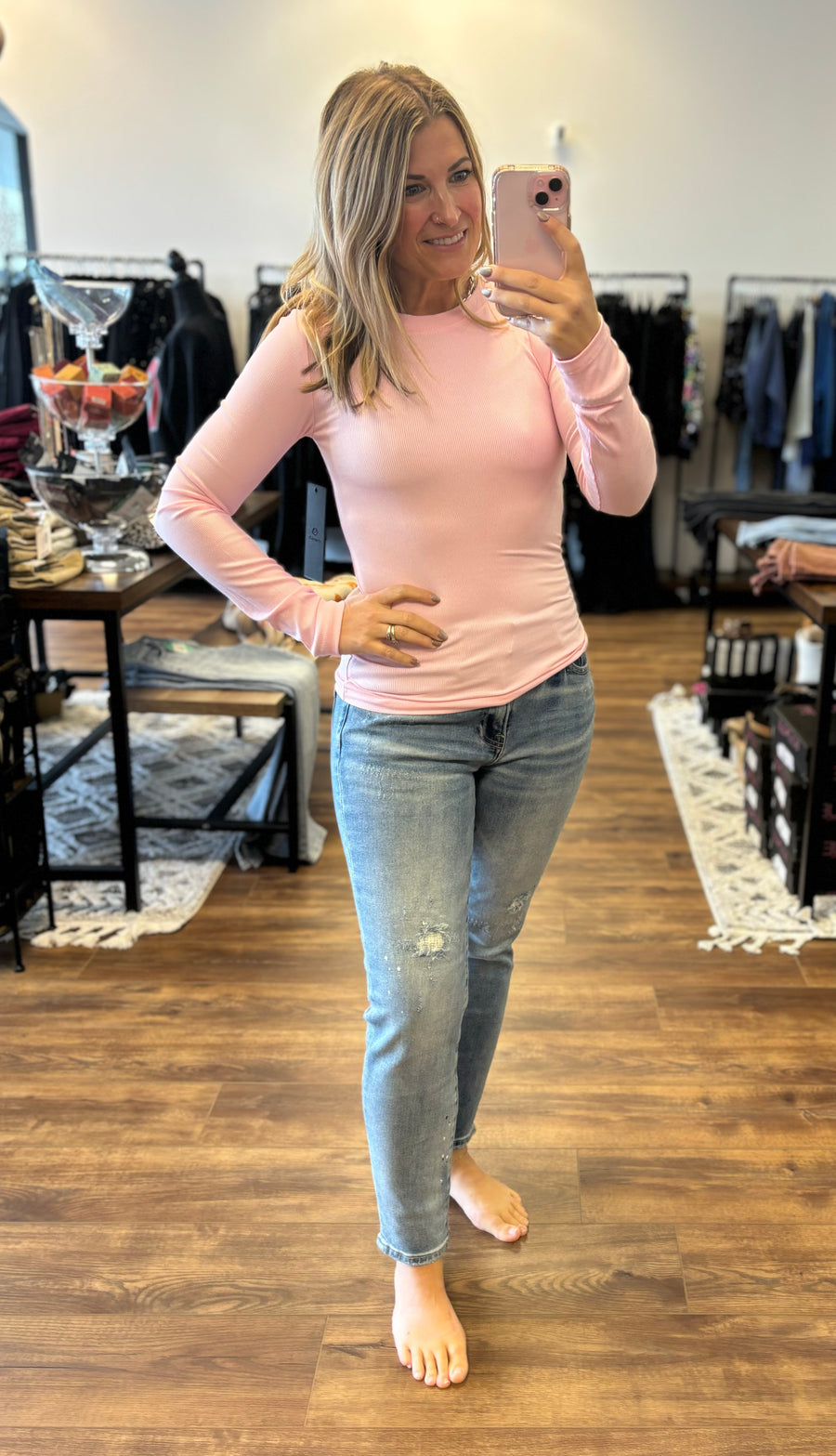 Essential Long-Sleeved Micro-Ribbed Athleisure Top - Pink