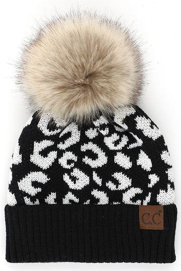 Leopard Fur Pom Beanie