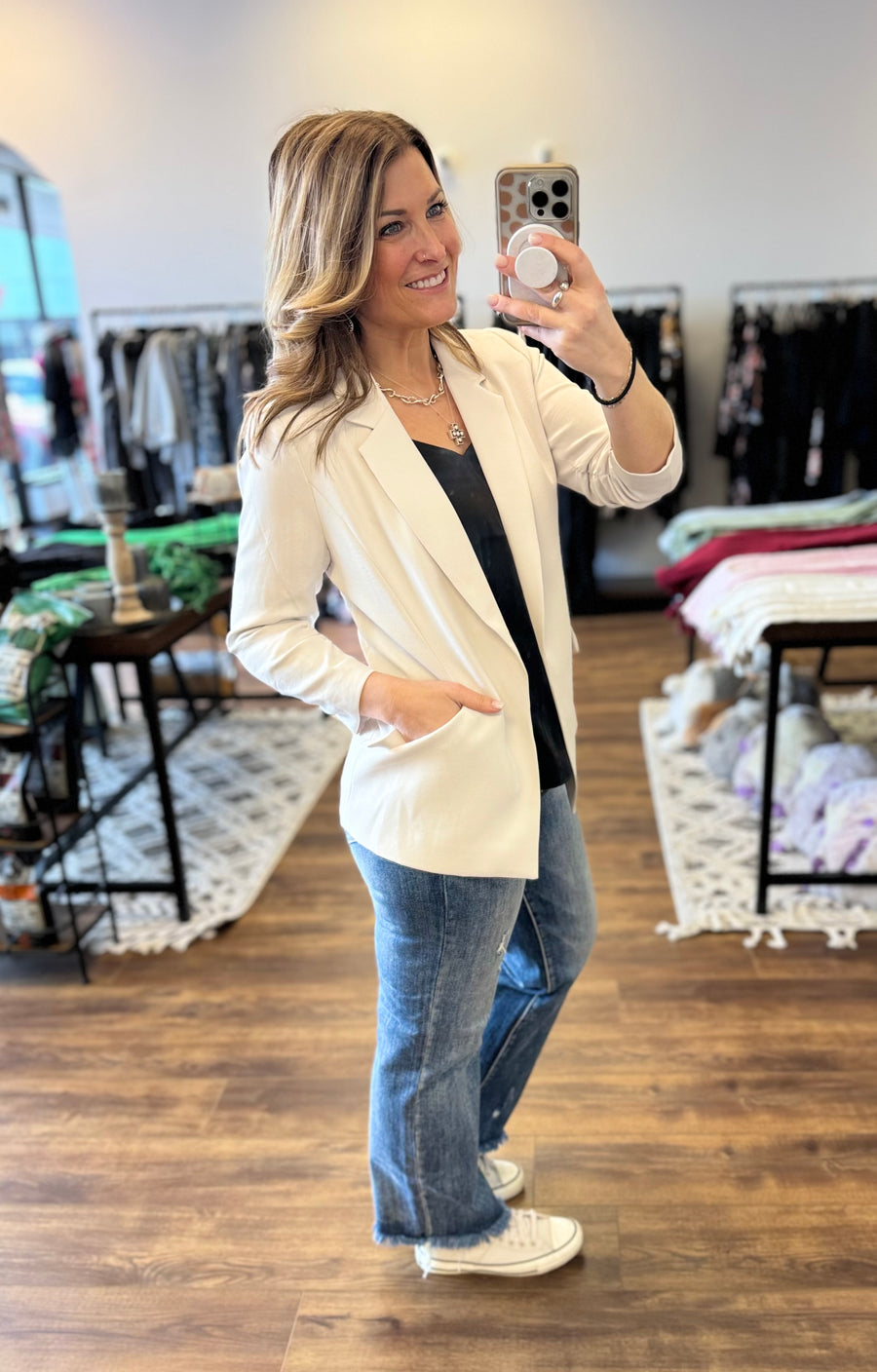 Eco-Friendly Recycled Poly Shirred Sleeve Blazer - Oyster
