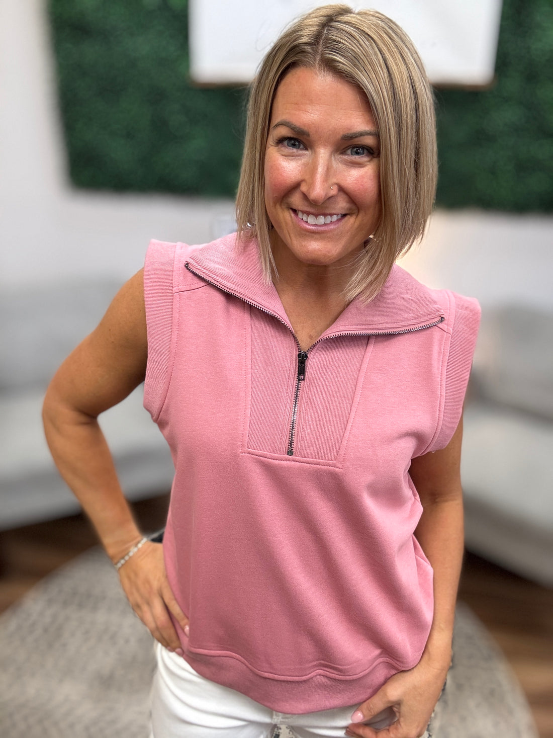 Zip Front Cap Sleeve Sweatshirt