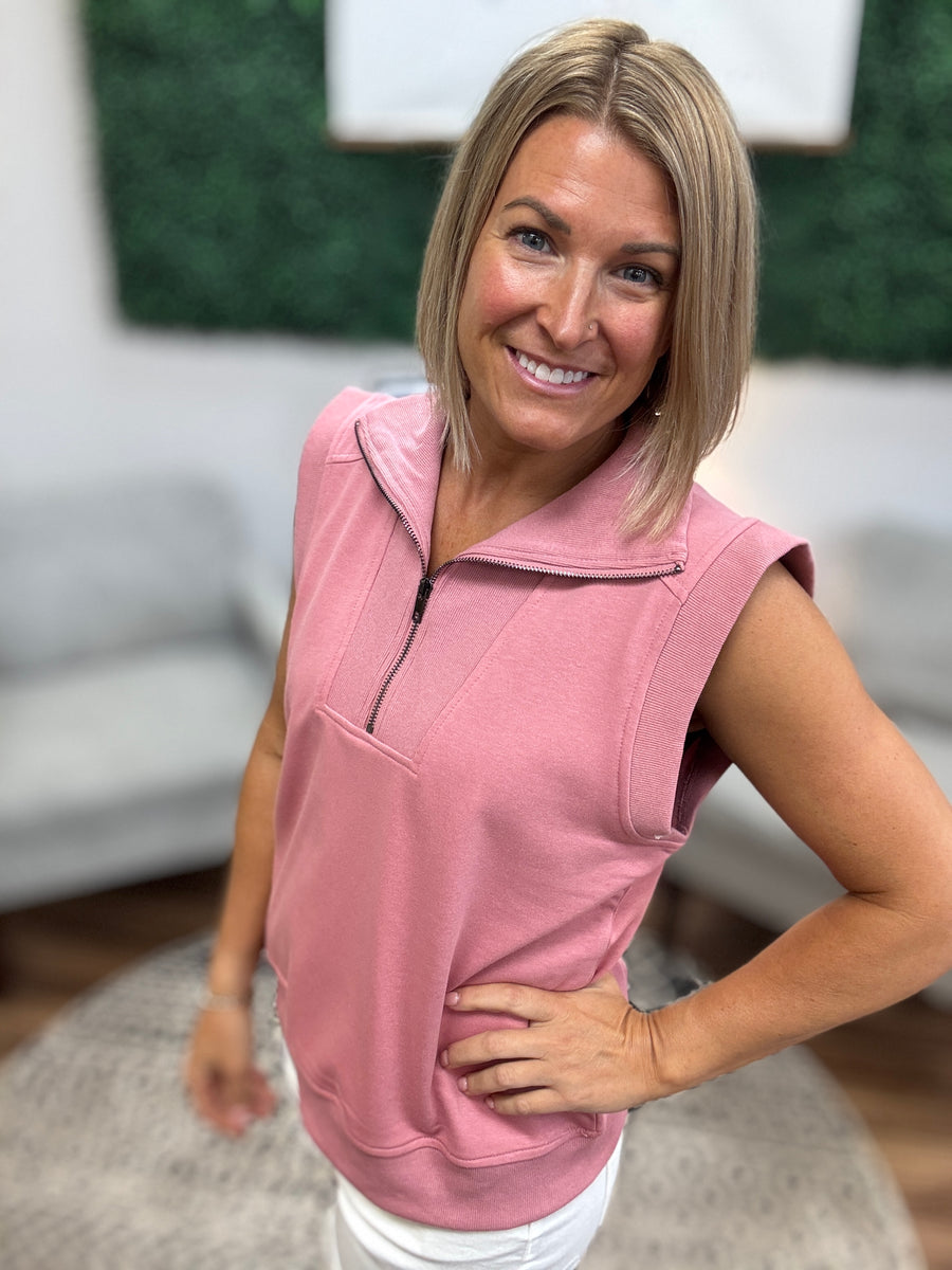 Zip Front Cap Sleeve Sweatshirt