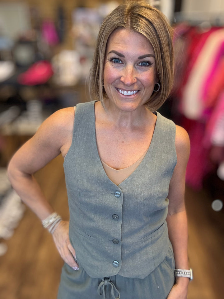V-Neck Button Down Linen Vest - Sage