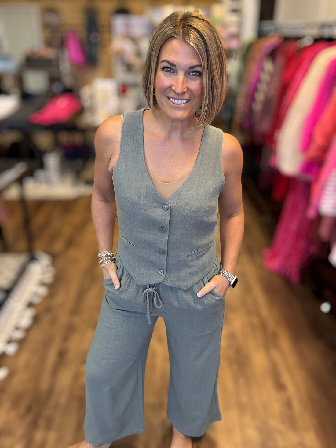 Linen Blend Cropped Wide Leg Pants - Sage