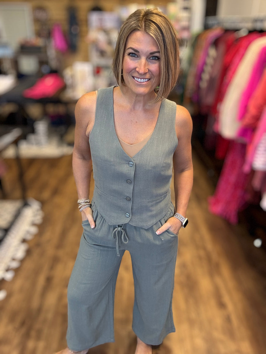Linen Blend Cropped Wide Leg Pants - Sage