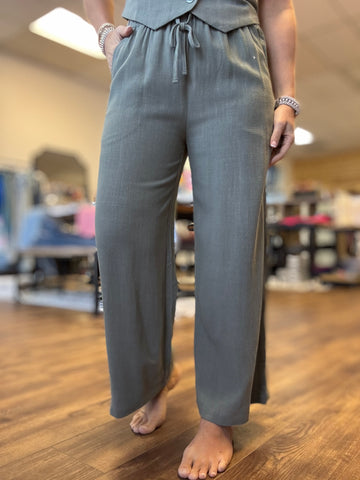 Linen Blend Cropped Wide Leg Pants - Sage