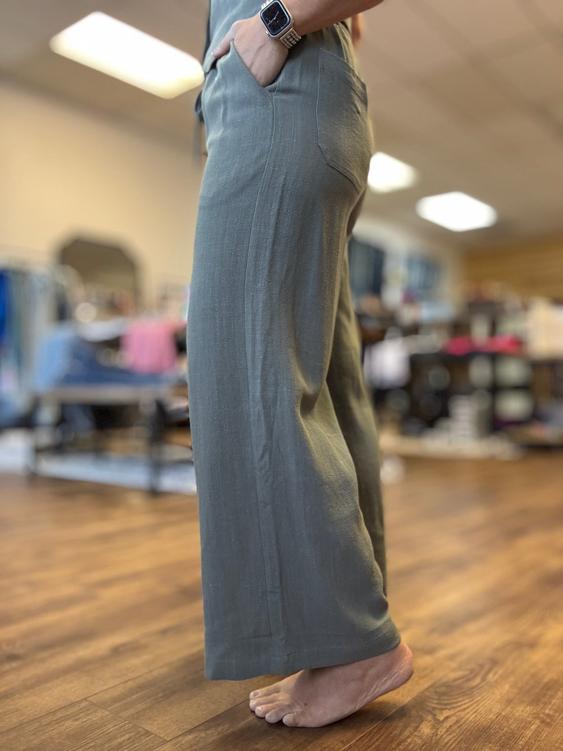 Linen Blend Cropped Wide Leg Pants - Sage