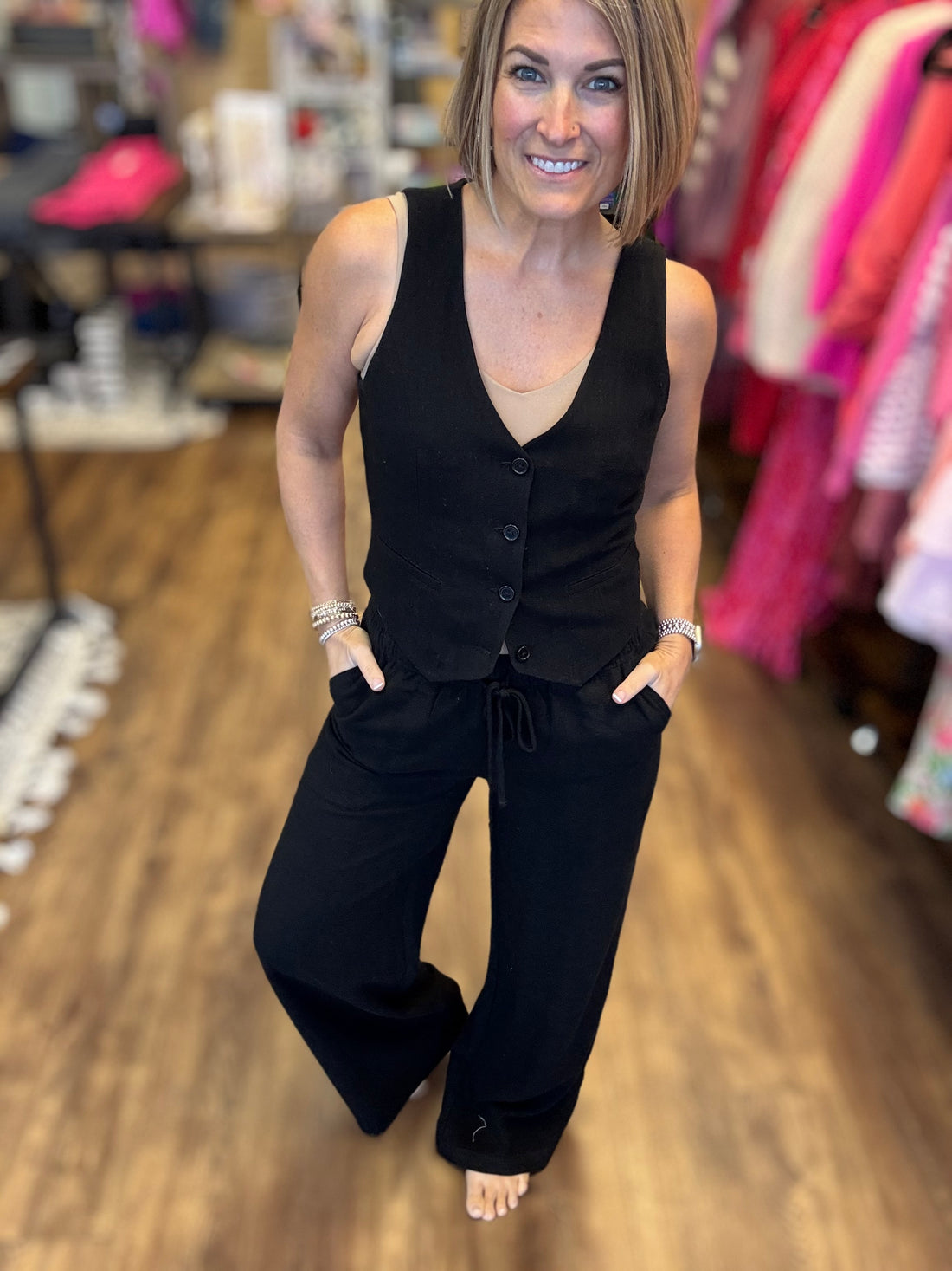 V-Neck Button Down Linen Vest - Black