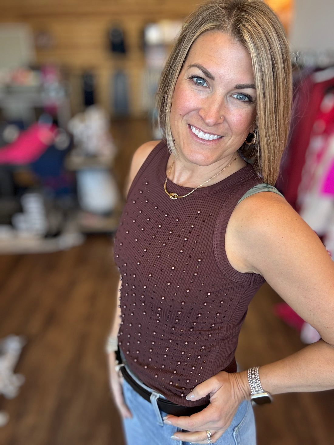 City Lights Embellished Tank - Chocolate
