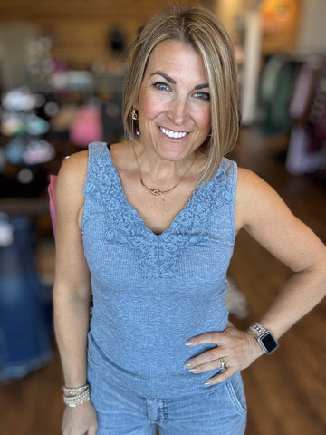 Lace Trim Ribbed Tank - Dusty Blue