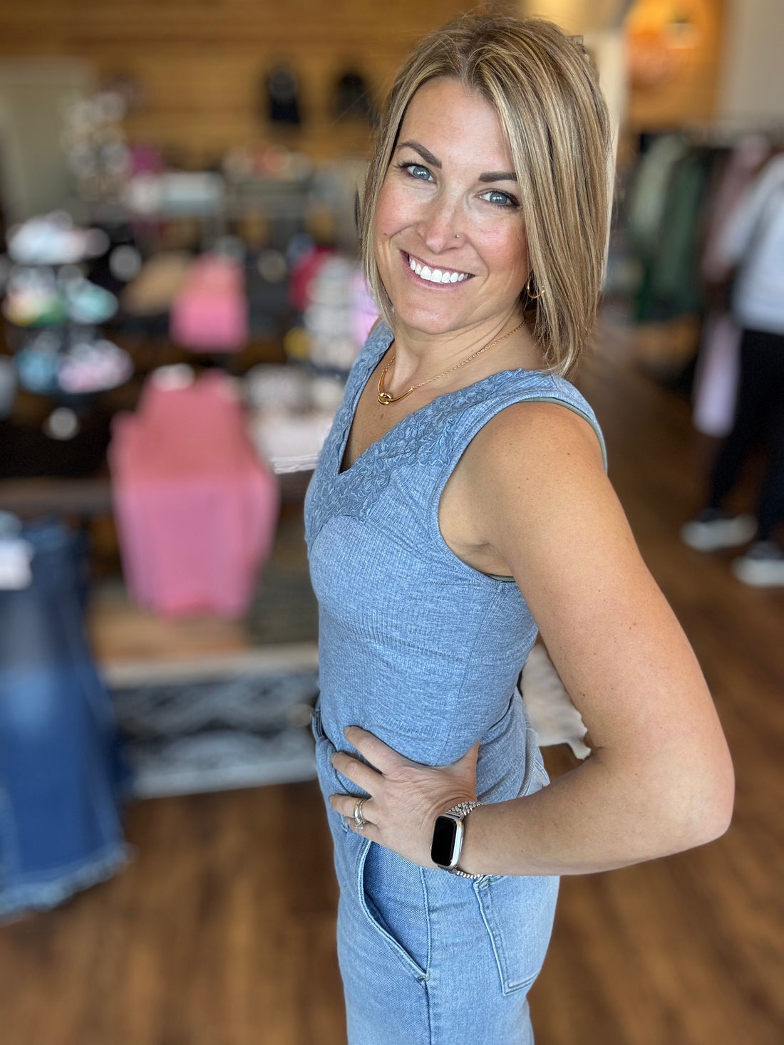 Lace Trim Ribbed Tank - Dusty Blue