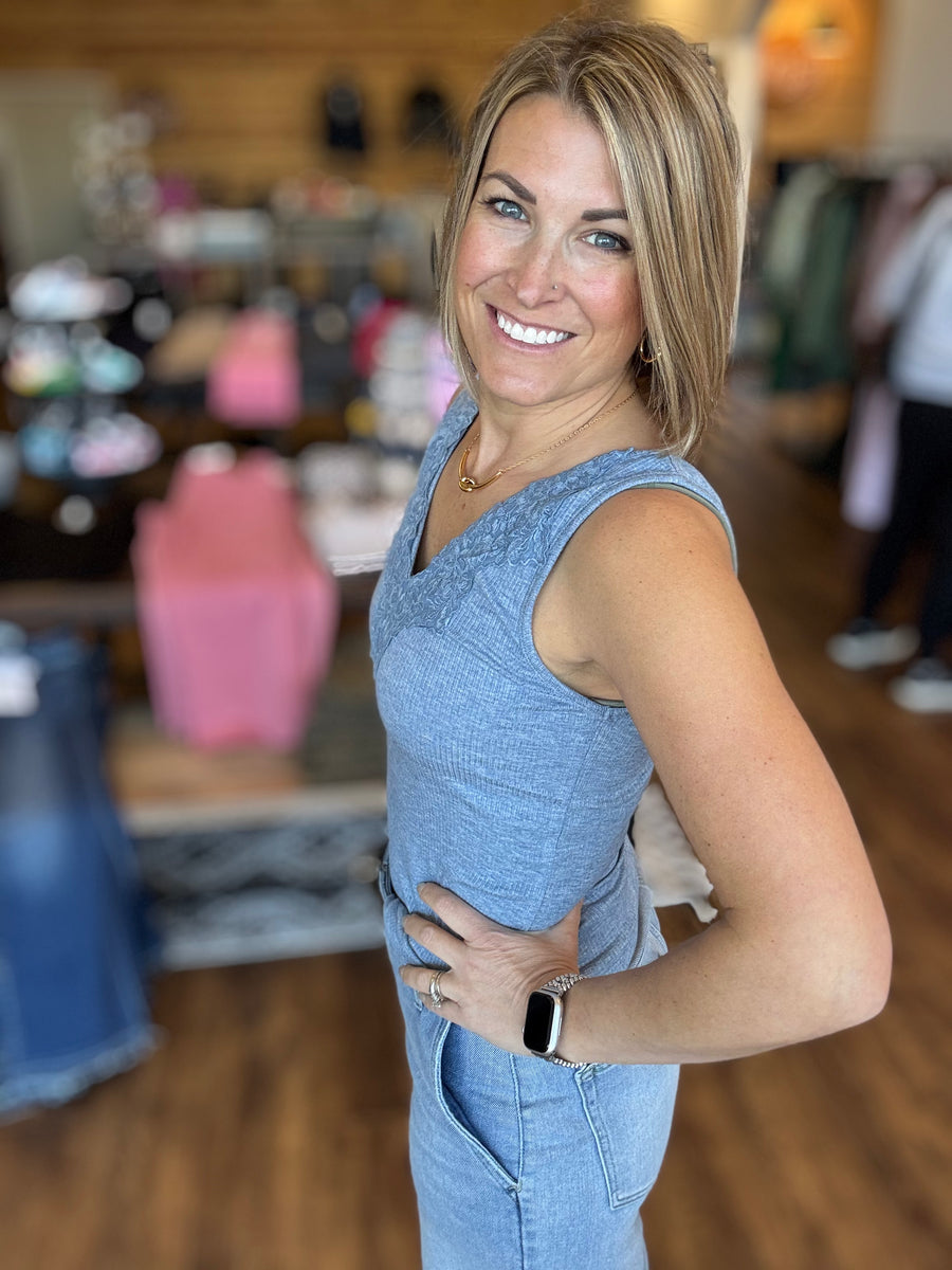 Lace Trim Ribbed Tank - Dusty Blue