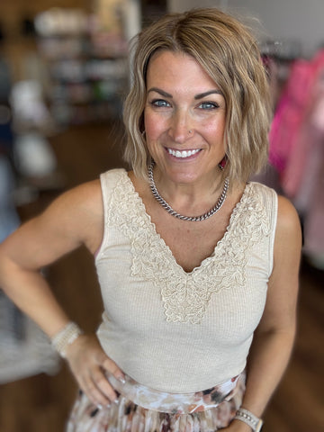 Lace Trim Ribbed Tank - Oatmeal