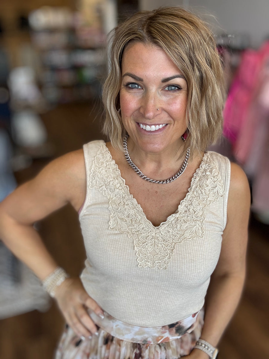 Lace Trim Ribbed Tank - Oatmeal