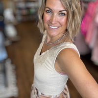 Lace Trim Ribbed Tank - Oatmeal