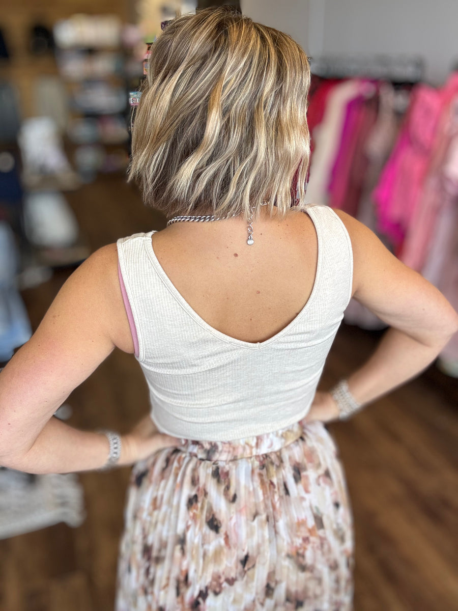 Lace Trim Ribbed Tank - Oatmeal
